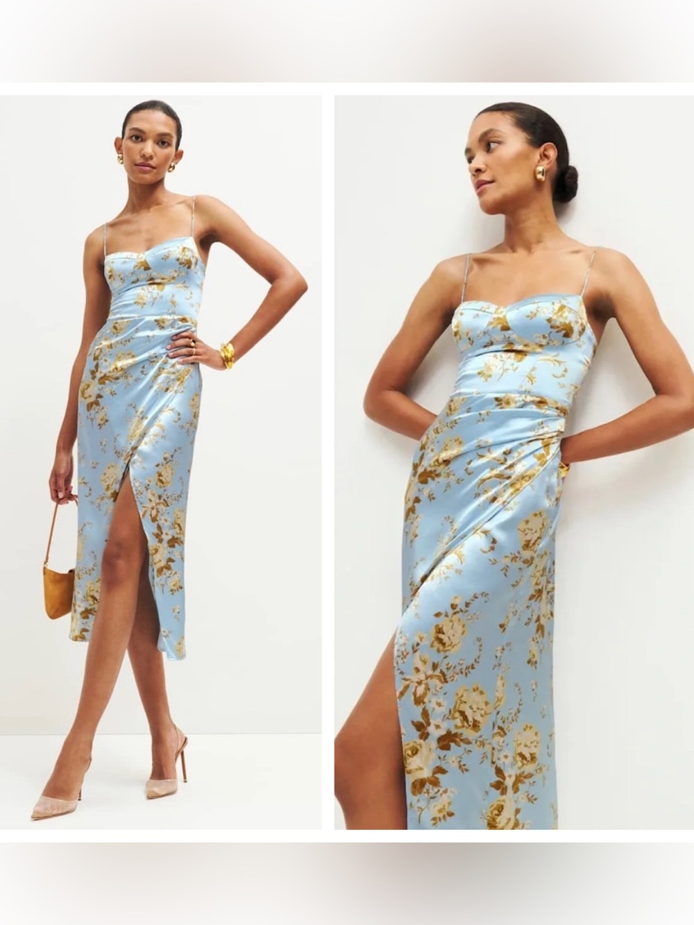 NWT Reformation Marguerite Silk Satin Midi Slip dress Heavenly blue floral sz 8